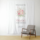 Custom pink roses girl baby shower backdrop banner タペストリー (インサイチュ)