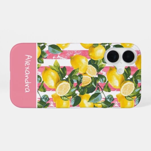 Custom Pink Stripes Summer Lemon Pattern iPhone 16ケース (裏面横)