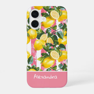 Custom Pink Stripes Summer Lemon Pattern iPhone 16ケース