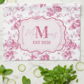Custom Pink Toile Floral Monogram キッチンタオル (折り畳み)