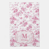 Custom Pink Toile Floral Monogram キッチンタオル (縦)