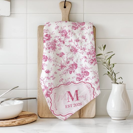 Custom Pink Toile Floral Monogram キッチンタオル