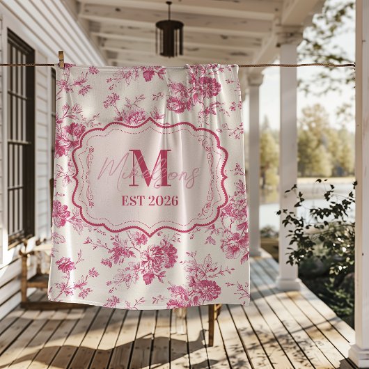 Custom Pink Toile Floral Monogram フリースブランケット
