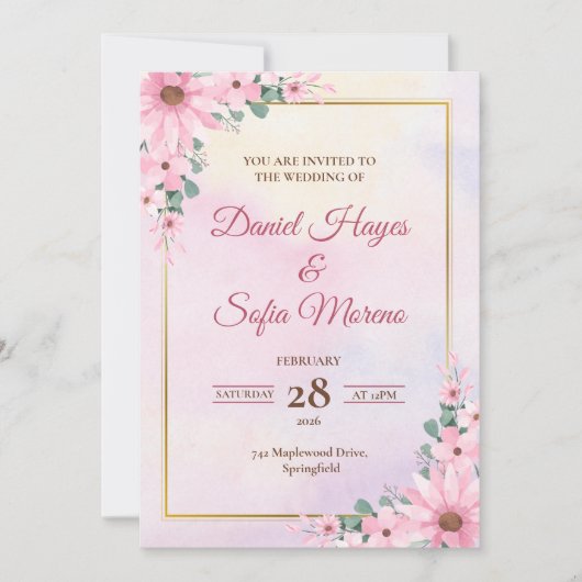 Custom Pink Watercolor Wedding Invitation 招待状 (正面)