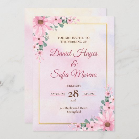 Custom Pink Watercolor Wedding Invitation 招待状 (正面/裏面)