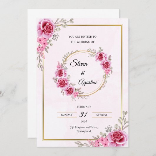 Custom Pink Wedding Invitation | Editable 招待状 (正面/裏面)