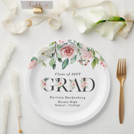 Custom Pink & White Watercolor Floral Grad Party  ペーパープレート (ウェディング)