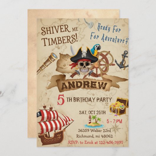 Custom Pirate Party Birthday Card Invitation  招待状 (正面/裏面)