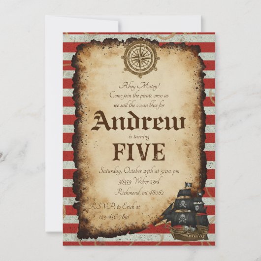 Custom Pirate Skull Treasure Map Ahoy Birthday 招待状 (正面)