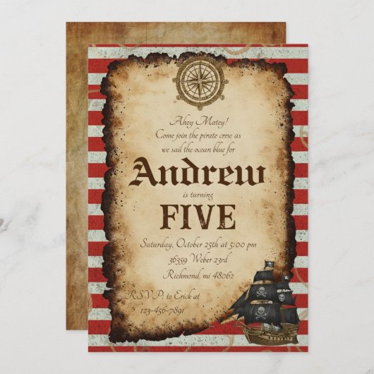 Custom Pirate Skull Treasure Map Ahoy Birthday 招待状 (正面/裏面)
