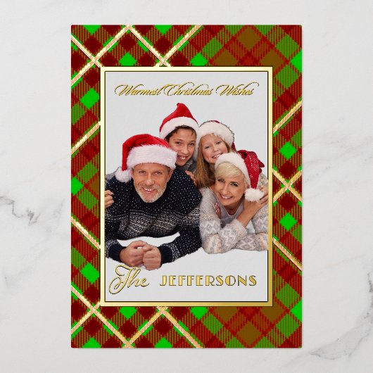 Custom Plaid Christmas Warm Wishes Photo Gold 箔シーズンカード (正面)