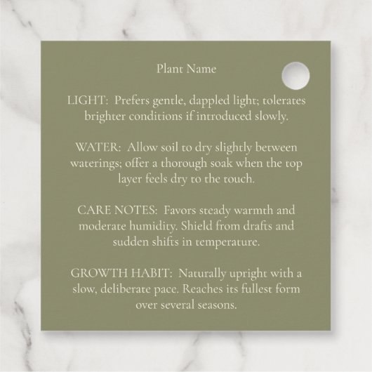 Custom Plant Care Olive Sage Green Business フェイバータグ (裏面)