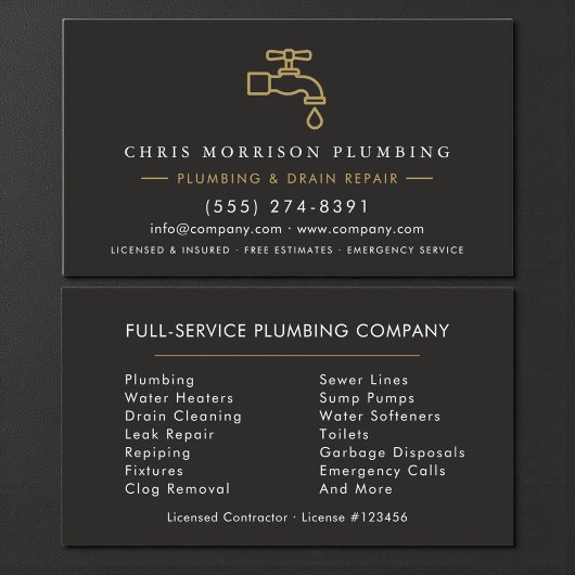 Custom Plumber Dark Elegant Black & Gold  名刺