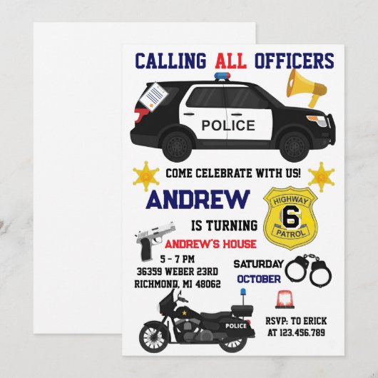 Custom Police Birthday party for kid  招待状 (正面/裏面)