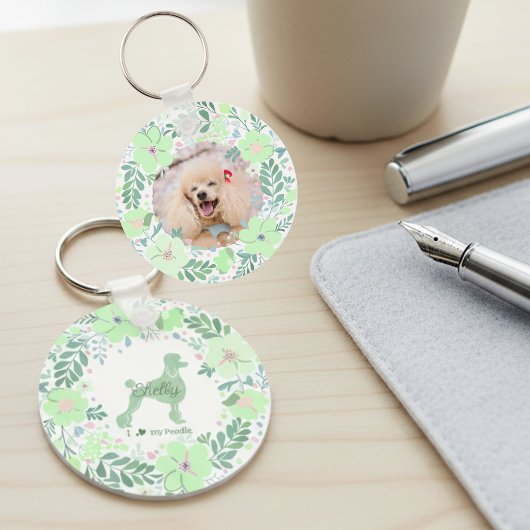 Custom Poodle Photo with Mint Green Floral Wreath キーホルダー