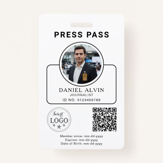 Custom Press Pass with Your Photo ID and QR Code バッジ (正面)