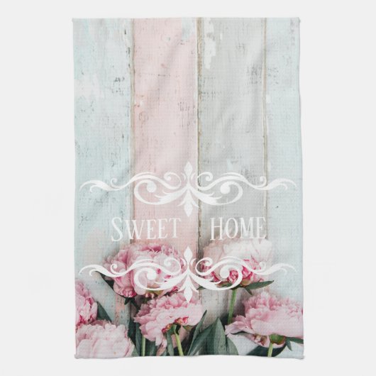 Custom pretty rustic wood Pink Blue paint Floral キッチンタオル (縦)