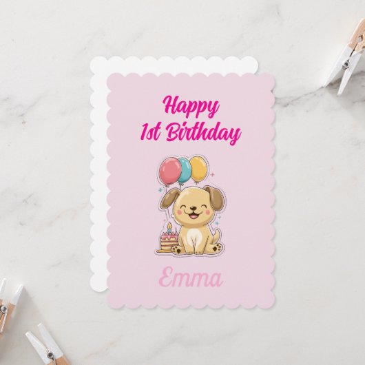Custom Puppy 1st Birthday Card, Flat Greeting Card カード (正面/裏面インサイチュ)