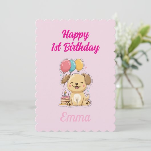 Custom Puppy 1st Birthday Card, Flat Greeting Card カード (スタンド正面)