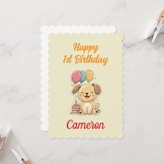 Custom Puppy 1st Birthday Card, Flat Greeting Card カード (正面/裏面インサイチュ)