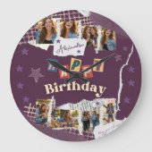 Custom Purple Scrapbook Birthday Photo Collage ラージ壁時計 (正面)