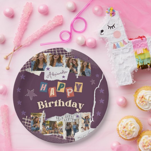 Custom Purple Sweet 16 Photo Collage ペーパープレート (パーティー)