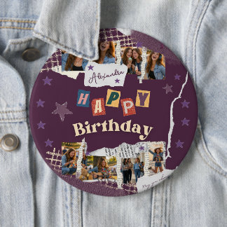 Custom Purple Teen Girl Birthday Photo Collage  缶バッジ