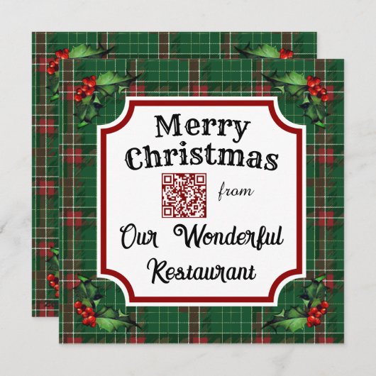 Custom QR Code Restaurant Christmas Green Plaid シーズンカード (正面/裏面)
