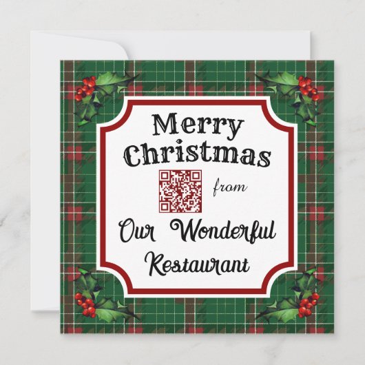 Custom QR Code Restaurant Christmas Green Plaid シーズンカード (正面)