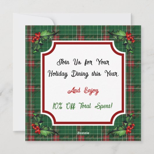 Custom QR Code Restaurant Christmas Green Plaid シーズンカード (裏面)