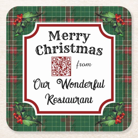 Custom QR Code Restaurant Christmas Green Plaid スクエアペーパーコースター (正面)