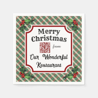 Custom QR Code Restaurant Christmas Plaid スタンダードカクテルナプキン