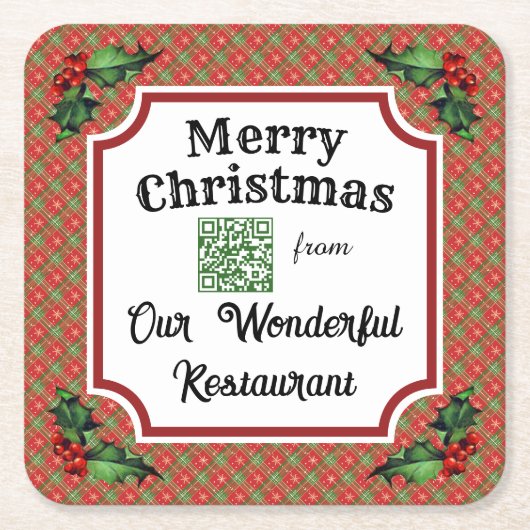 Custom QR Code Restaurant Christmas Red Plaid スクエアペーパーコースター (正面)