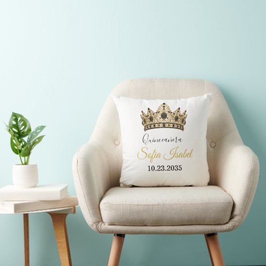 Custom Quinceañera Gold Tiara Throw Pillow クッション (椅子)
