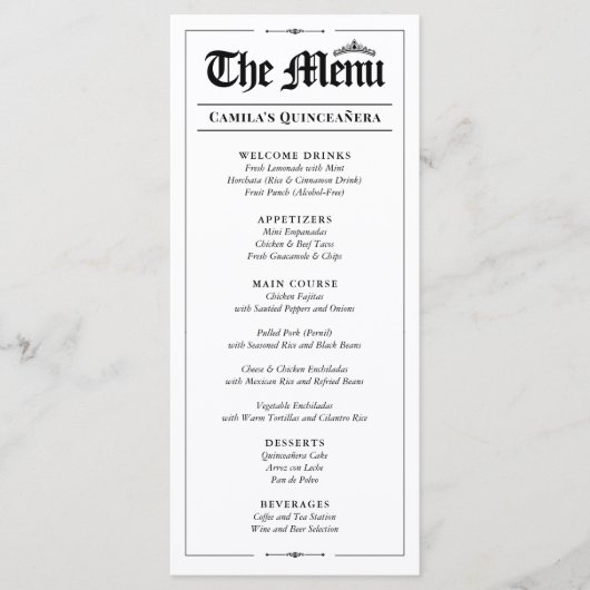 Custom Quinceañera Menu, Black White Interactive メニュー (正面)