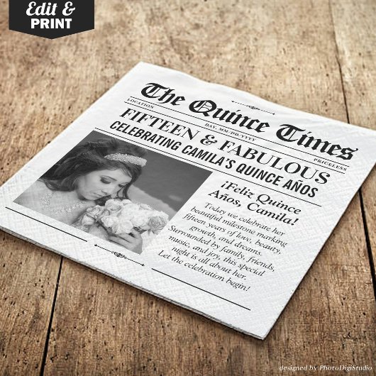 Custom Quinceañera Napkins, Miss Quince Newspaper スタンダードカクテルナプキン