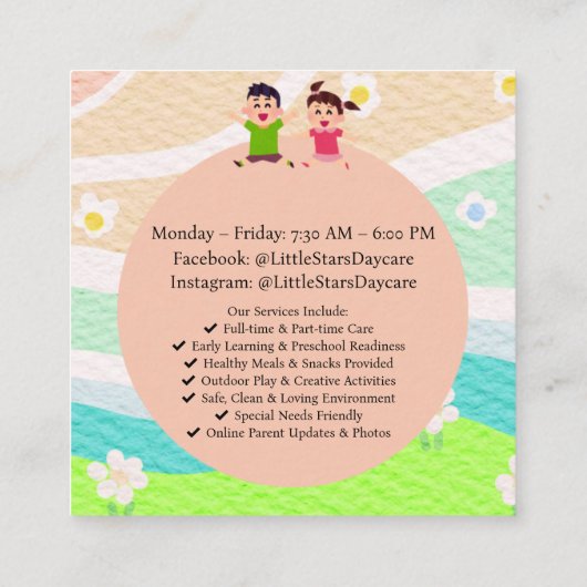 Custom Rainbow Handprint Sun Daycare Card Template スクエア名刺 (裏面)