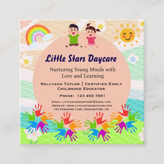 Custom Rainbow Handprint Sun Daycare Card Template スクエア名刺 (正面)