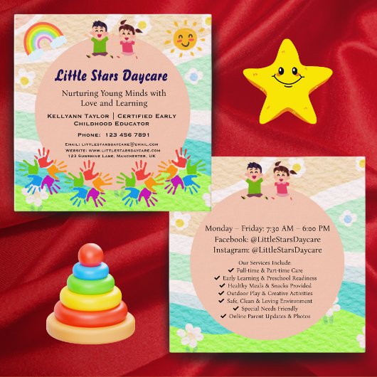 Custom Rainbow Handprint Sun Daycare Card Template スクエア名刺