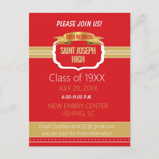 Custom Red 50th Class Reunion Invite ポストカード (正面)