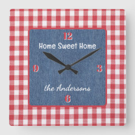 Custom, Red and White Check, Blue Denim Print スクエア壁時計