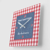 Custom, Red and White Check, Blue Denim Print スクエア壁時計 (傾斜)