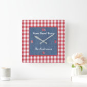 Custom, Red and White Check, Blue Denim Print スクエア壁時計 (ホーム)