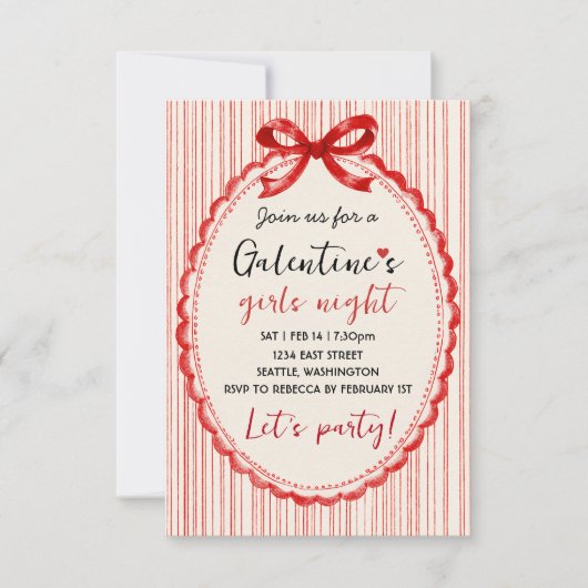 Custom Red Bow Galentines Party Invitation 出欠カード (正面)