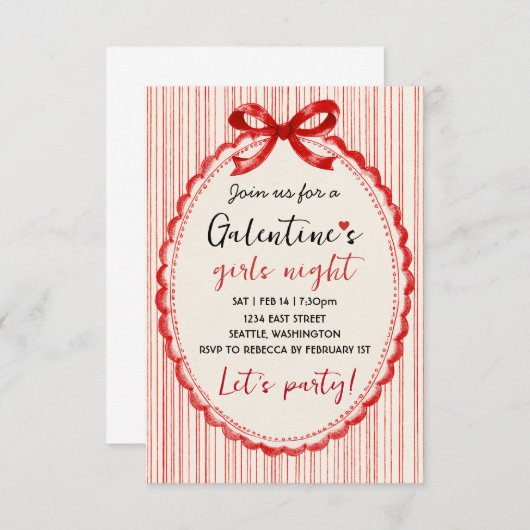 Custom Red Bow Galentines Party Invitation 出欠カード (正面/裏面)