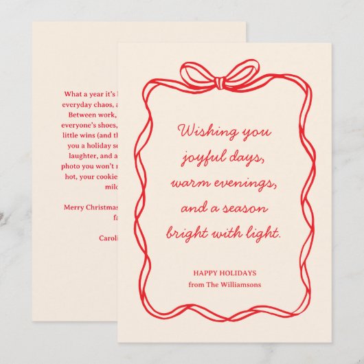Custom Red Bow No Photo Christmas Letter Message シーズンカード (正面/裏面)