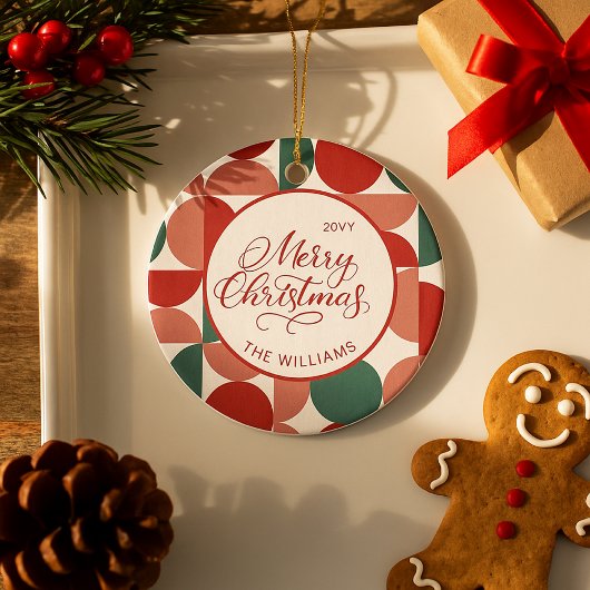 Custom Red Christmas Geometric Pattern Photo セラミックオーナメント