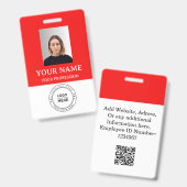 Custom red Employee Badge with Photo, Logo, QR バッジ (表裏)
