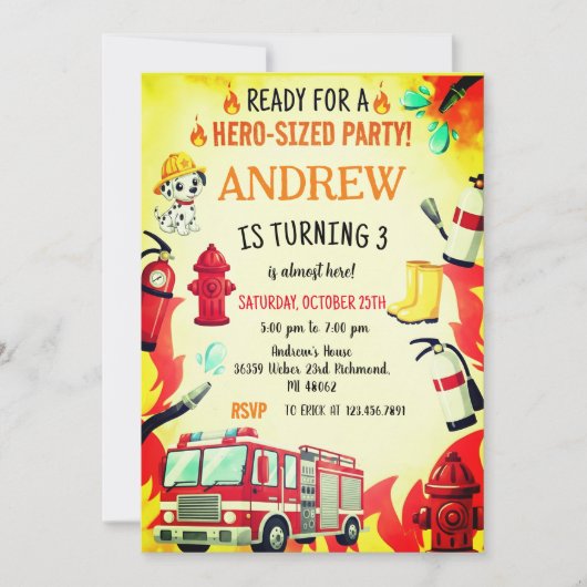 Custom Red Fire Truck Birthday Party Invitations 招待状 (正面)