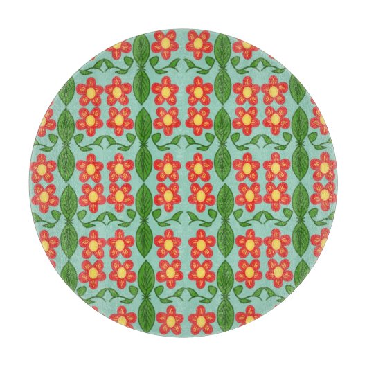 Custom Red Folk Art Flower & Leaf Pattern カッティングボード (正面)